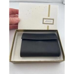 Vintage AMITY Cashmere Calfskin Black Trifold Wallet w/ ID Card Holder & Box C14